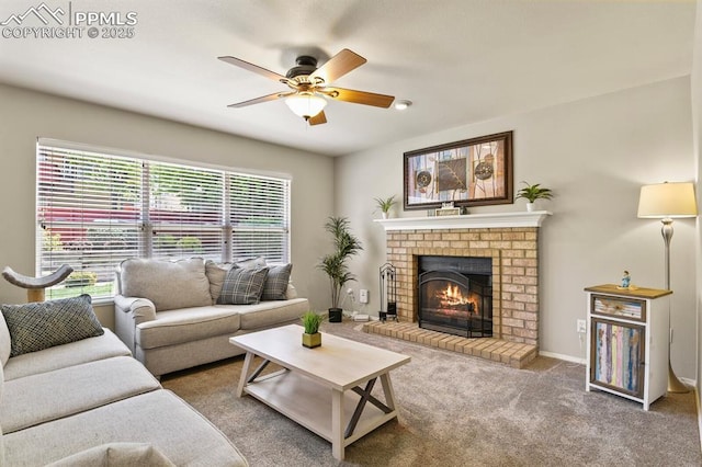 6557 Many Moon Dr, Colorado Springs, CO 80923 - carpeted living room featuring plenty of natural light, ceiling fan, and a brick fireplace