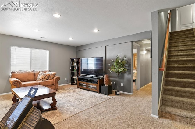 6557 Many Moon Dr, Colorado Springs, CO 80923 - living room featuring stairs, carpet floors, recessed lighting, and baseboards