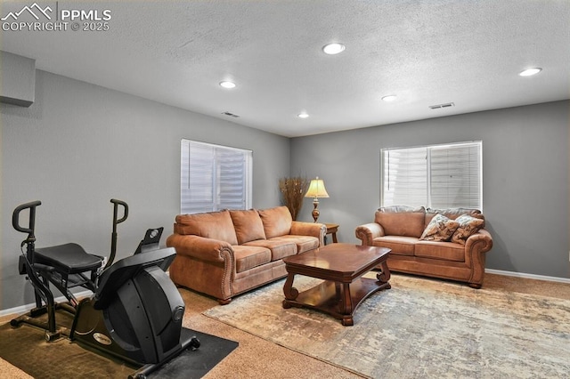 6557 Many Moon Dr, Colorado Springs, CO 80923 - living area with carpet flooring, recessed lighting, a textured ceiling, and baseboards