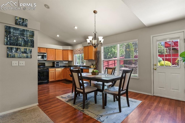 6557 Many Moon Dr, Colorado Springs, CO 80923 - dining area with a chandelier, baseboards, dark wood-type flooring, recessed lighting, and vaulted ceiling