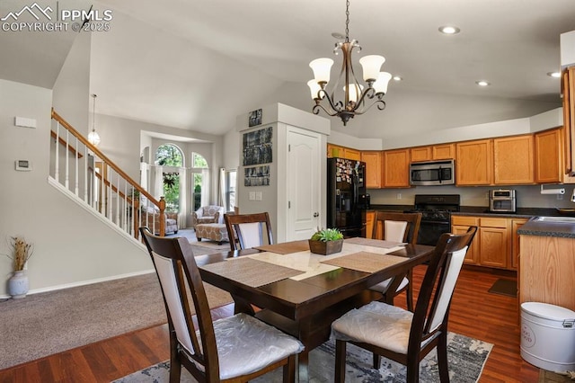 6557 Many Moon Dr, Colorado Springs, CO 80923 - dining space featuring lofted ceiling, stairs, dark wood-type flooring, a chandelier, and recessed lighting