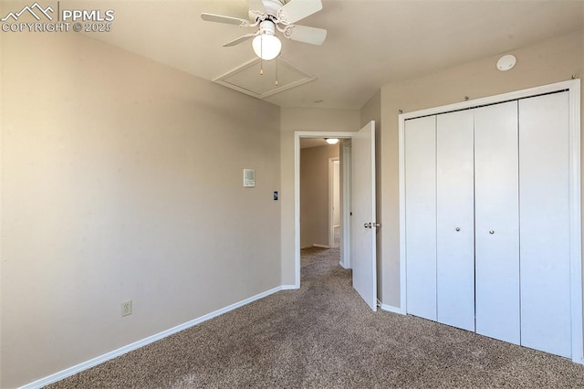 7435 Julynn Rd, Colorado Springs, CO 80919 - unfurnished bedroom featuring carpet, attic access, baseboards, and a closet