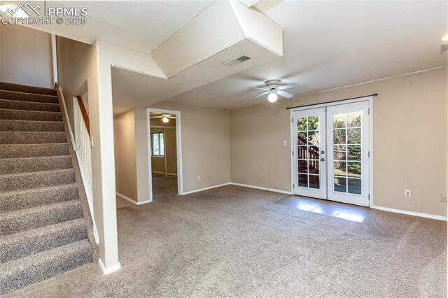 7435 Julynn Rd, Colorado Springs, CO 80919 - unfurnished living room with a ceiling fan, carpet flooring, french doors, and baseboards