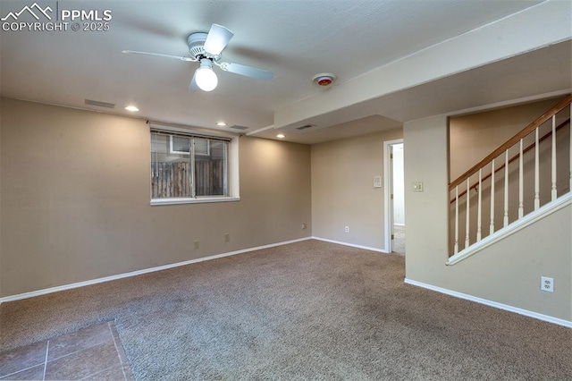 7435 Julynn Rd, Colorado Springs, CO 80919 - carpeted spare room featuring ceiling fan, baseboards, stairs, and recessed lighting