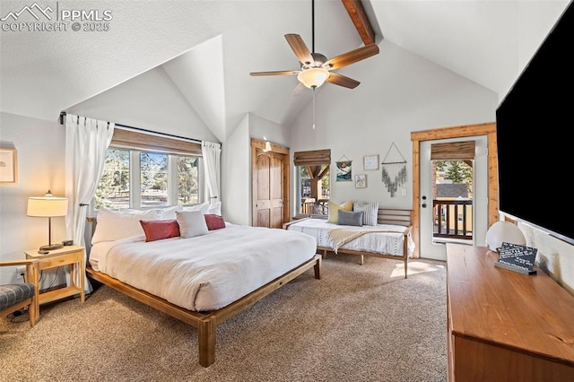 404 S Willow St, Woodland Park, CO 80863 - carpeted bedroom featuring access to outside, high vaulted ceiling, ceiling fan, and beamed ceiling