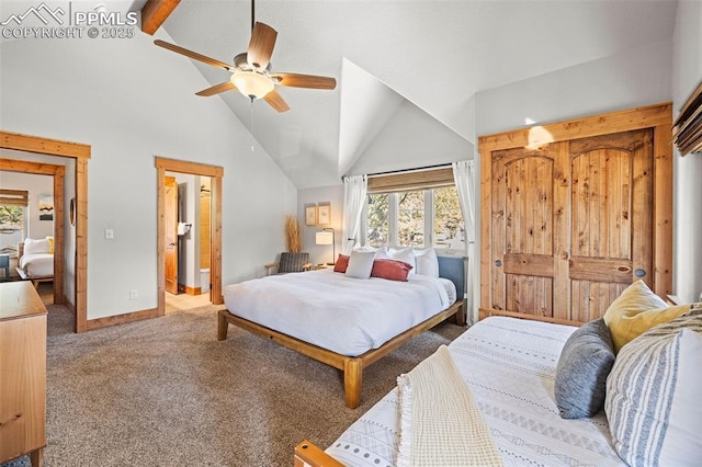 404 S Willow St, Woodland Park, CO 80863 - carpeted bedroom featuring multiple windows, baseboards, beamed ceiling, high vaulted ceiling, and a ceiling fan
