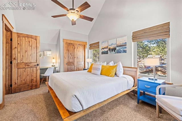 404 S Willow St, Woodland Park, CO 80863 - carpeted bedroom with multiple windows, high vaulted ceiling, and a ceiling fan