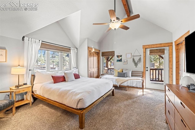 404 S Willow St, Woodland Park, CO 80863 - bedroom featuring access to outside, light colored carpet, multiple windows, beam ceiling, and a ceiling fan