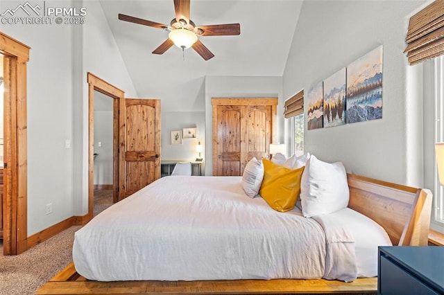 404 S Willow St, Woodland Park, CO 80863 - carpeted bedroom with vaulted ceiling, baseboards, and a ceiling fan