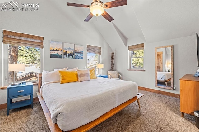 404 S Willow St, Woodland Park, CO 80863 - carpeted bedroom featuring lofted ceiling, baseboards, and a ceiling fan