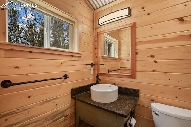 621 Yorktown Rd, Cripple Creek, CO 80863 - bathroom with wood walls, vanity, and toilet