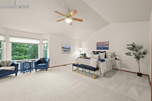 8110 Routt Ct, Colorado Springs, CO 80919 - bedroom featuring carpet flooring, lofted ceiling, and ceiling fan