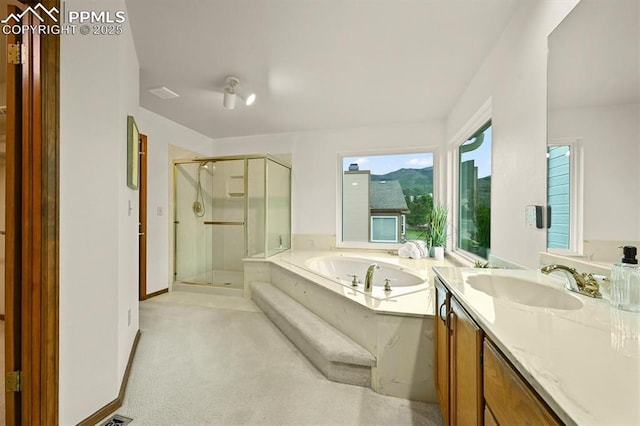 8110 Routt Ct, Colorado Springs, CO 80919 - bathroom featuring a shower stall, vanity, and a garden tub