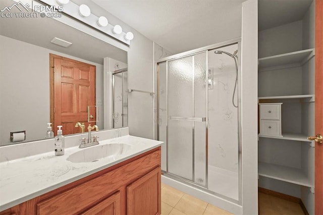 8110 Routt Ct, Colorado Springs, CO 80919 - full bath with vanity, a shower stall, and tile patterned floors