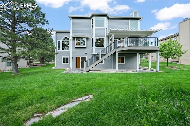 8110 Routt Ct, Colorado Springs, CO 80919 - back of property with a deck, stairs, a patio, a yard, and a chimney