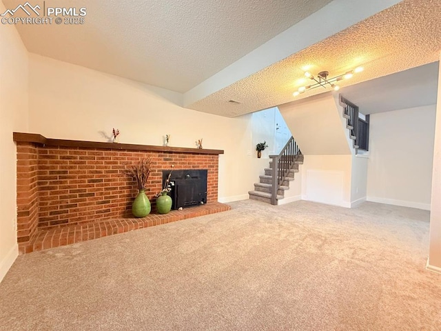 4770 Newton Dr, Colorado Springs, CO 80916 - unfurnished living room with stairway, carpet flooring, a textured ceiling, and baseboards