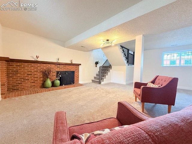 4770 Newton Dr, Colorado Springs, CO 80916 - carpeted living room featuring stairs, a textured ceiling, a brick fireplace, and baseboards