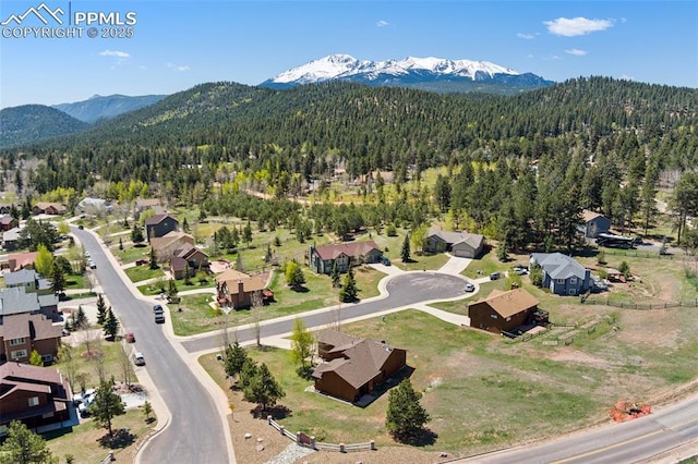 802 Red Eagle Ct, Woodland Park, CO 80863 - aerial overview of property's location with a forest, a mountainous background, and nearby suburban area