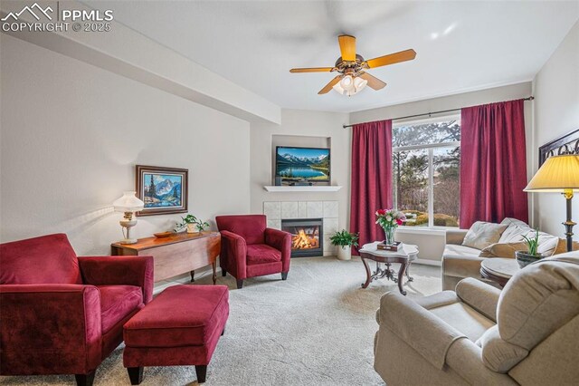 6678 Bethesda Pt Unit C, Colorado Springs, CO 80918 - living room with carpet floors, a fireplace, and a ceiling fan