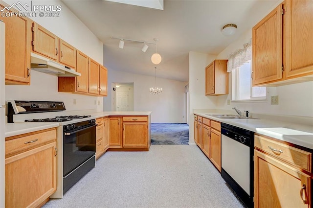 2609 Freedom Hts, Colorado Springs, CO 80904 - kitchen with black range with gas stovetop, dishwashing machine, under cabinet range hood, light colored carpet, and a peninsula
