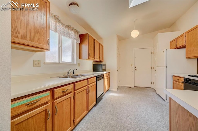 2609 Freedom Hts, Colorado Springs, CO 80904 - kitchen with dishwasher, light colored carpet, a sink, light countertops, and black microwave