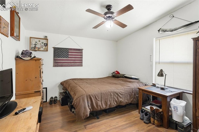 9180 S Rush Rd, Rush, CO 80833 - bedroom featuring wood finished floors, vaulted ceiling, and a ceiling fan