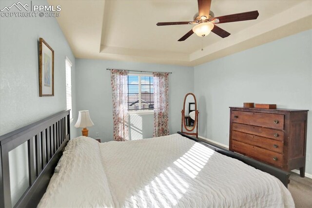 9773 Beryl Dr, Peyton, CO 80831 - carpeted bedroom with a tray ceiling, ceiling fan, and baseboards