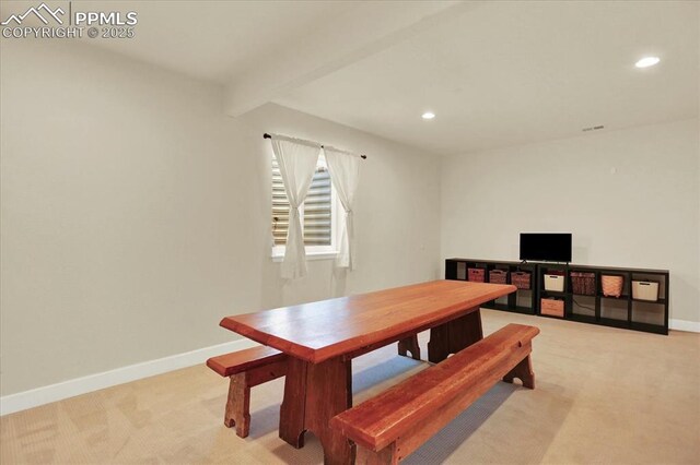 9773 Beryl Dr, Peyton, CO 80831 - dining room featuring light carpet, recessed lighting, baseboards, and beamed ceiling