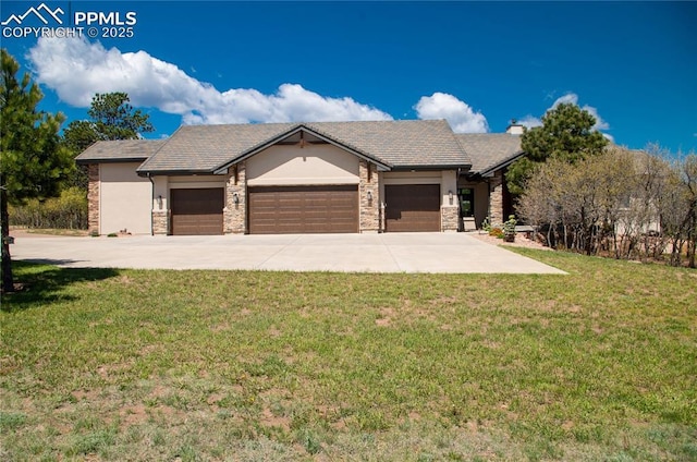 797 Forest View Way, Monument, CO 80132 - ranch-style house with an attached garage, a front lawn, stone siding, concrete driveway, and stucco siding