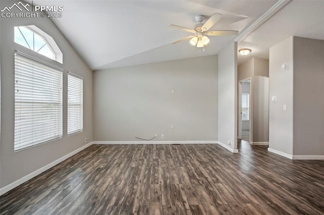 20150 Enoch Rd, Colorado Springs, CO 80930 - spare room featuring vaulted ceiling, dark wood-style flooring, a ceiling fan, and baseboards