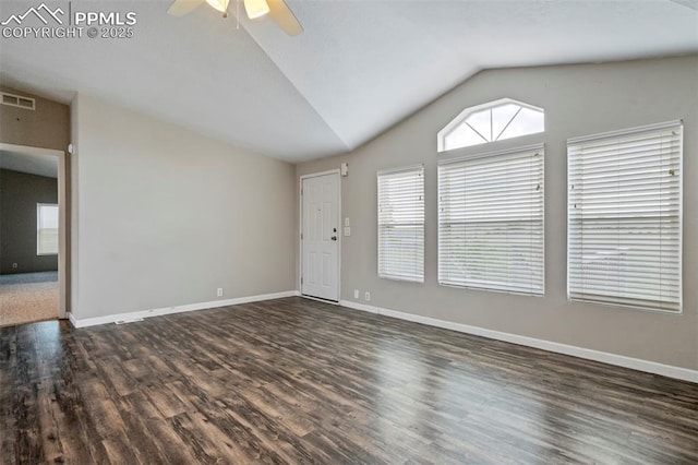 20150 Enoch Rd, Colorado Springs, CO 80930 - unfurnished living room with lofted ceiling, wood finished floors, a ceiling fan, and baseboards