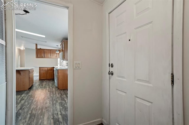 20150 Enoch Rd, Colorado Springs, CO 80930 - corridor with dark wood-style floors, baseboards, and lofted ceiling