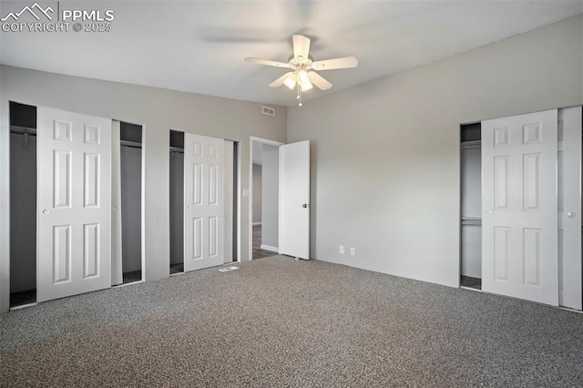 20150 Enoch Rd, Colorado Springs, CO 80930 - unfurnished bedroom with multiple closets, carpet flooring, and a ceiling fan