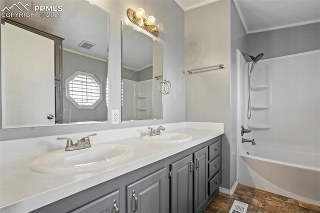 20150 Enoch Rd, Colorado Springs, CO 80930 - full bathroom with ornamental molding, double vanity, bathing tub / shower combination, and stone finish floors