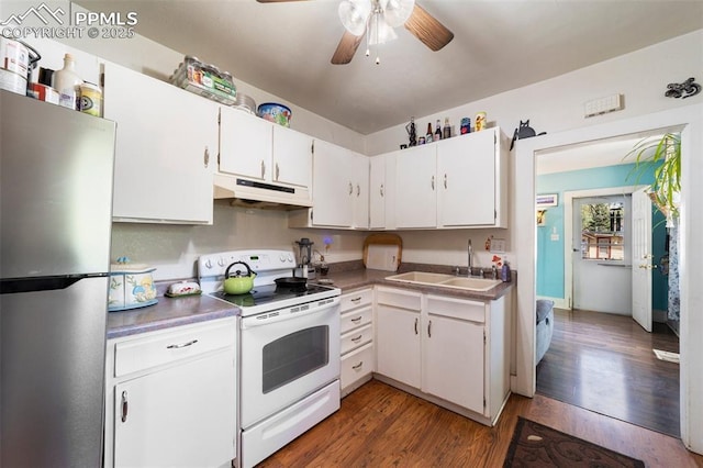 1416 S Wahsatch Ave, Colorado Springs, CO 80905 - kitchen featuring white electric range oven, freestanding refrigerator, under cabinet range hood, a sink, and a ceiling fan
