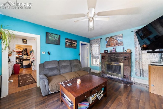 1416 S Wahsatch Ave, Colorado Springs, CO 80905 - living area featuring wood finished floors, a ceiling fan, and a premium fireplace