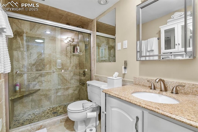 1018 Fontmore Rd Unit D, Colorado Springs, CO 80904 - full bathroom featuring toilet, vanity, a shower stall, and tile patterned floors