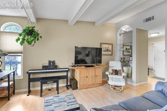 1018 Fontmore Rd Unit D, Colorado Springs, CO 80904 - living room featuring a textured ceiling, wood finished floors, beam ceiling, and baseboards