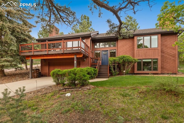 720 Popes Valley Dr, Colorado Springs, CO 80919 - view of front of home with driveway, a garage, a front lawn, a chimney, and a deck
