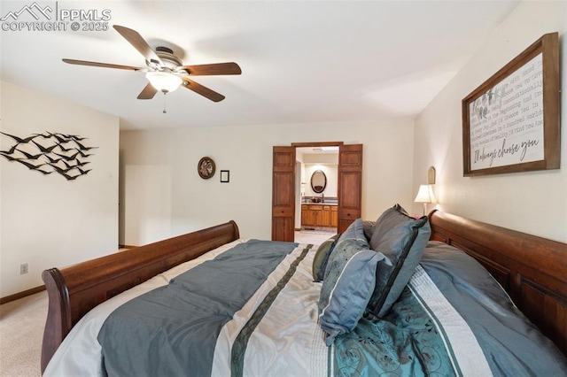 720 Popes Valley Dr, Colorado Springs, CO 80919 - bedroom featuring light carpet, ceiling fan, connected bathroom, and baseboards