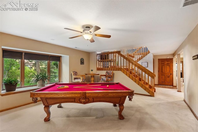 720 Popes Valley Dr, Colorado Springs, CO 80919 - recreation room with light carpet, baseboards, billiards table, and ceiling fan