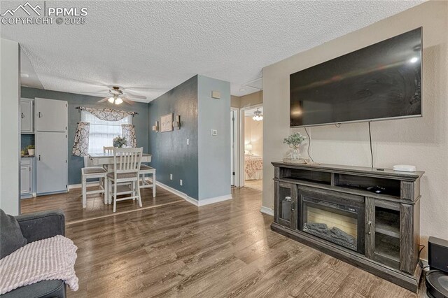 7108 Chippewa Rd, Colorado Springs, CO 80915 - living area with ceiling fan, wood finished floors, and a textured ceiling