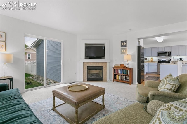 7711 Menagerie Ln, Colorado Springs, CO 80923 - living area featuring a tiled fireplace and light carpet