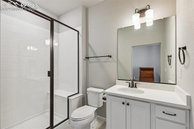 10671 Larimar Pt, Colorado Springs, CO 80905 - full bathroom with toilet, a stall shower, vanity, and a textured wall