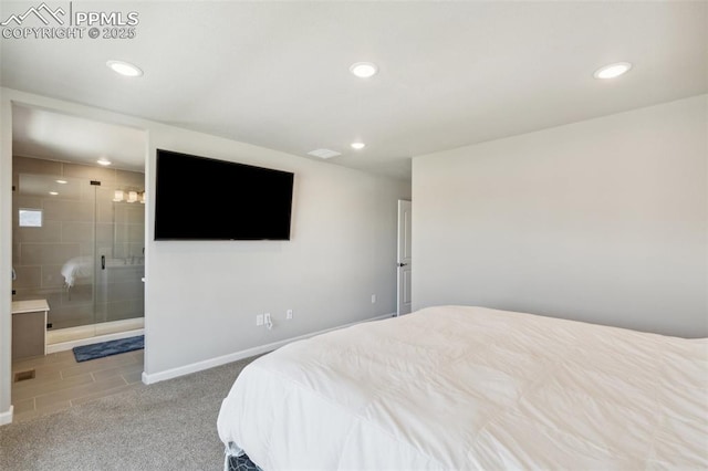 10671 Larimar Pt, Colorado Springs, CO 80905 - carpeted bedroom with recessed lighting, baseboards, connected bathroom, and tile patterned flooring