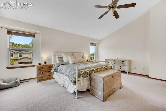 6390 Moccasin Pass Ct, Colorado Springs, CO 80919 - bedroom with carpet, baseboards, ceiling fan, and high vaulted ceiling