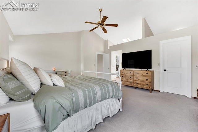 6390 Moccasin Pass Ct, Colorado Springs, CO 80919 - carpeted bedroom featuring high vaulted ceiling, baseboards, and ceiling fan