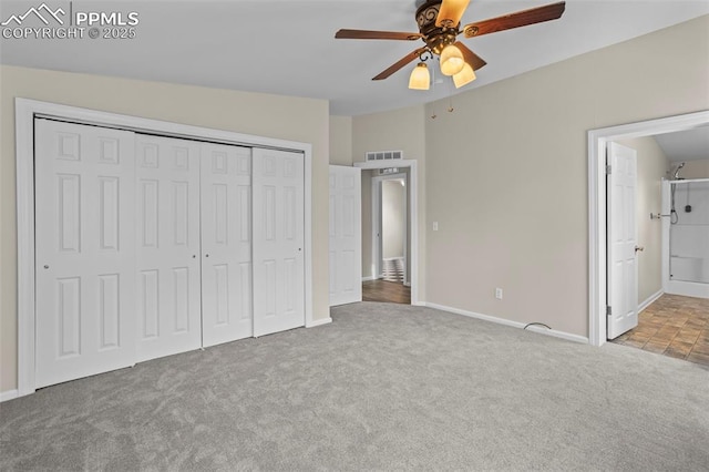 4686 Gray Fox Hts, Colorado Springs, CO 80922 - unfurnished bedroom featuring carpet flooring, baseboards, a closet, ceiling fan, and connected bathroom