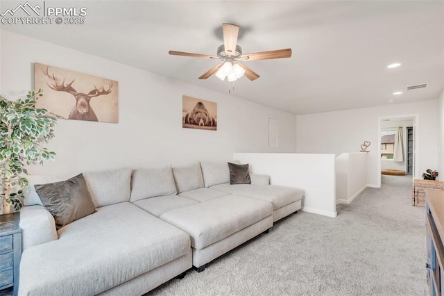 10140 Seawolf Dr, Colorado Springs, CO 80925 - living area featuring light colored carpet, recessed lighting, baseboards, and a ceiling fan