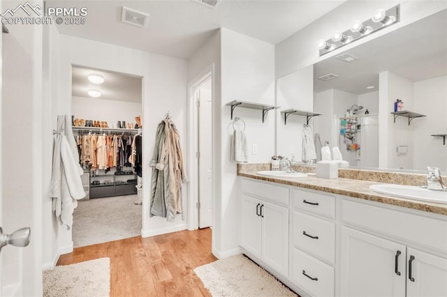 10140 Seawolf Dr, Colorado Springs, CO 80925 - bathroom featuring double vanity, wood finished floors, a walk in closet, and a shower
